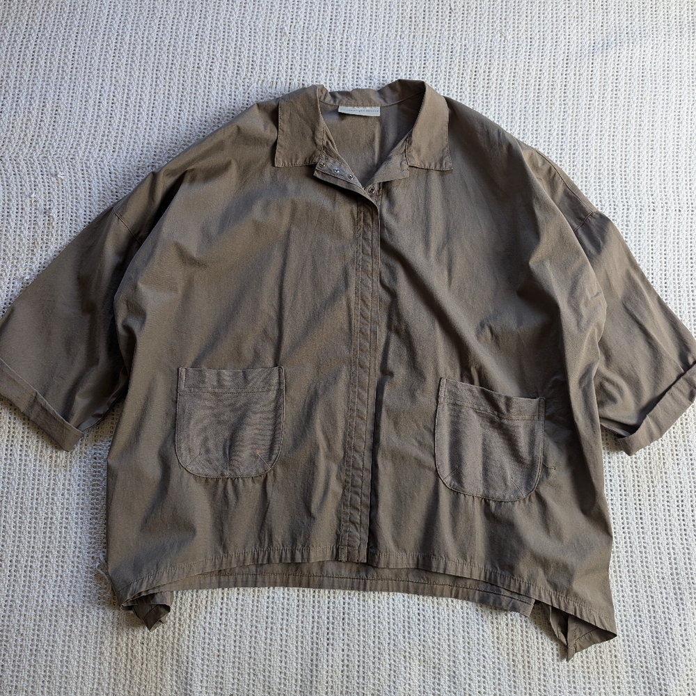 Eleven Stitch Design Top Brown Tunic Oversized Small Button Up 3/4 Sleeve USA